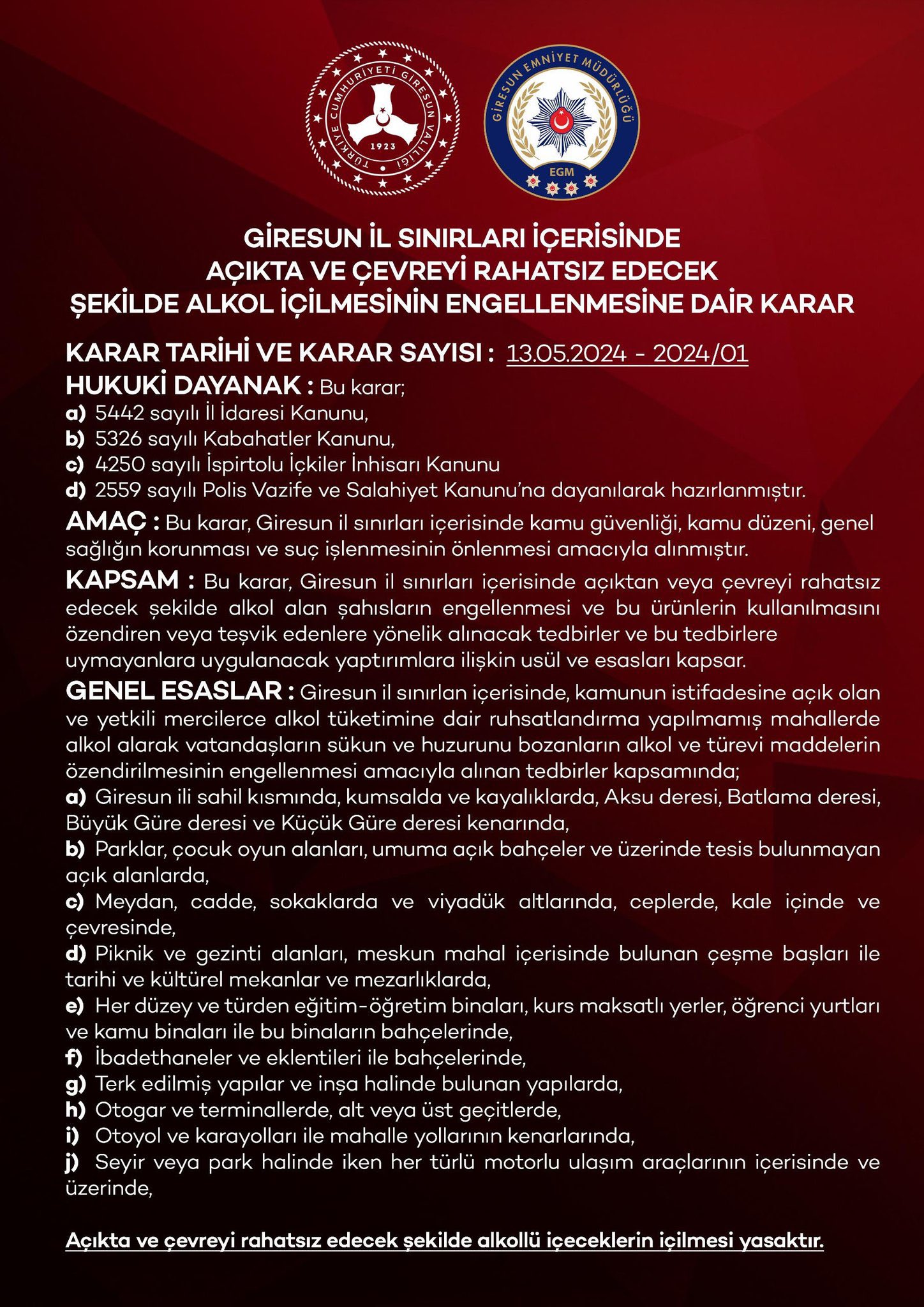 Giresun Alkol Yasağı Kararı